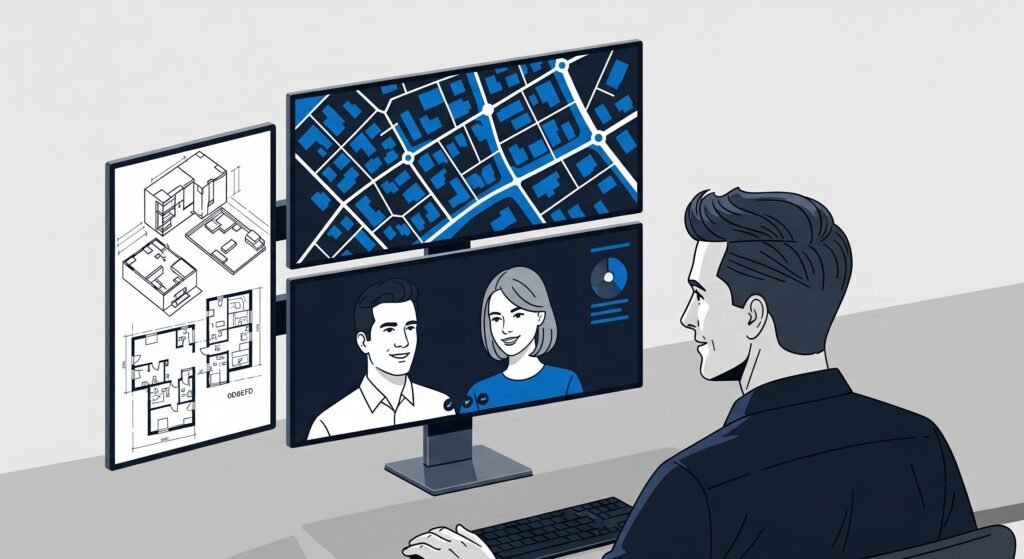 Expert en commercialisation digitale en visioconférence avec des clients pour un projet immobilier