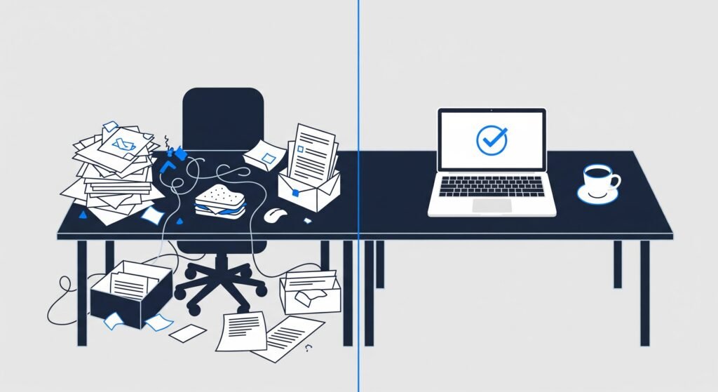 Illustration de la transformation d'un bureau chaotique en un espace de travail serein grâce à l'externalisation commerciale