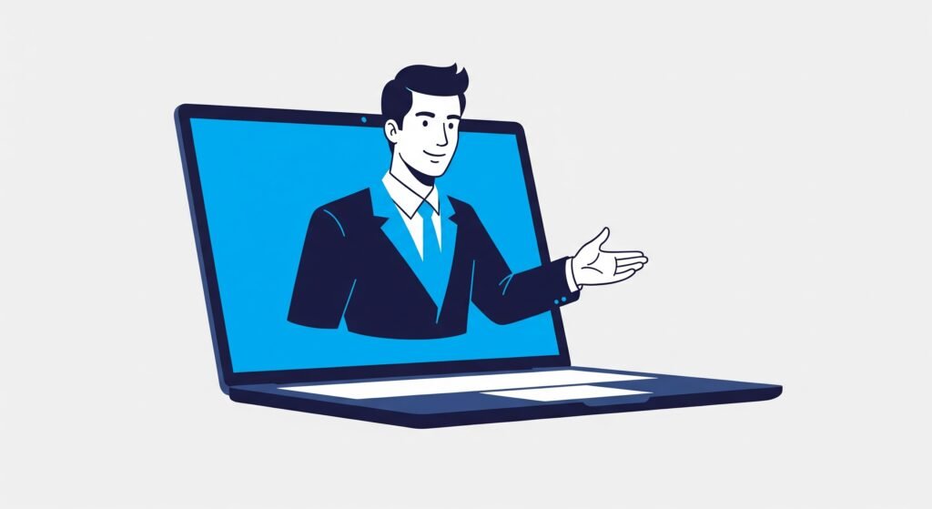 Illustration d'un commercial digital sortant d'un écran, symbolisant un site web de promoteur immobilier proactif