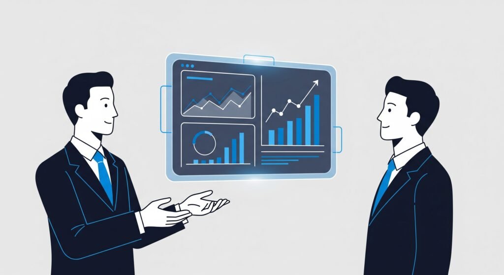 Expert présentant un reporting de commercialisation immobilière clair à un promoteur