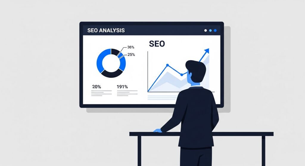 Expert analysant des résultats SEO sur un tableau de bord pour piloter les ventes immobilières
