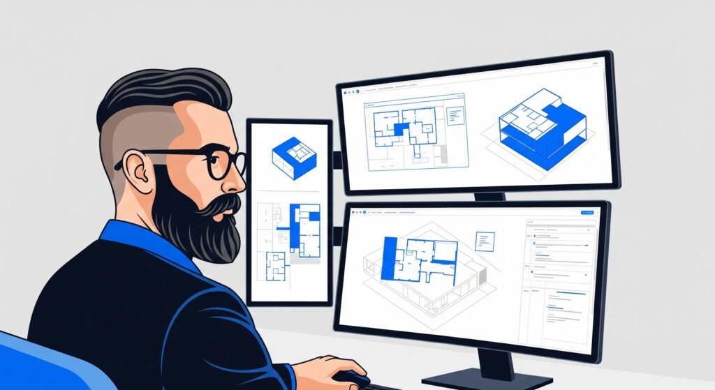 Expert en commercialisation digitale analysant un projet immobilier sur un poste de travail multi-écrans