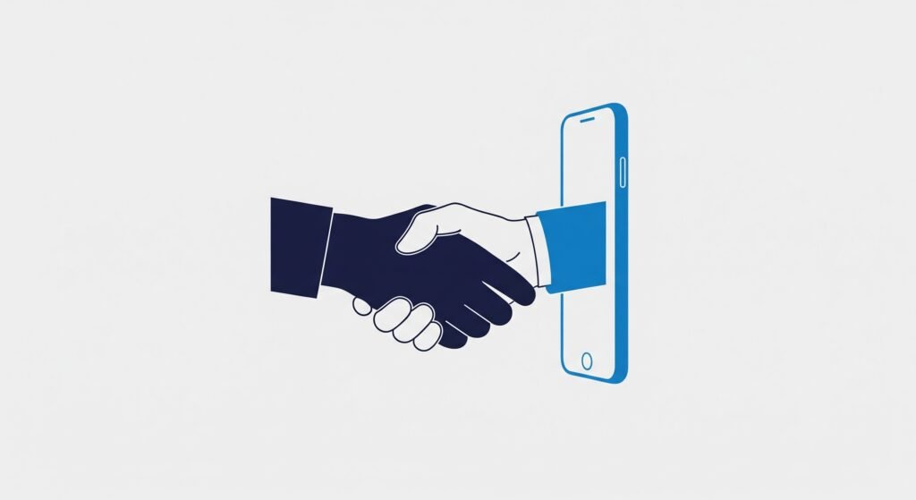 Poignée de main digitale symbolisant la confiance client et la capture de prospect immobilier.