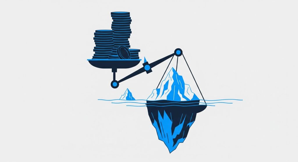 Coûts Visibles vs Coûts Cachés Commercialisation Immobilière Illustration des coûts cachés de la commercialisation immobilière, symbolisés par un iceberg