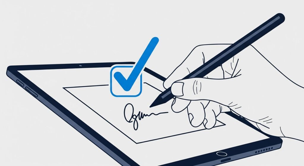 Signature électronique d'un contrat de vente immobilier sur tablette pour un closing rapide