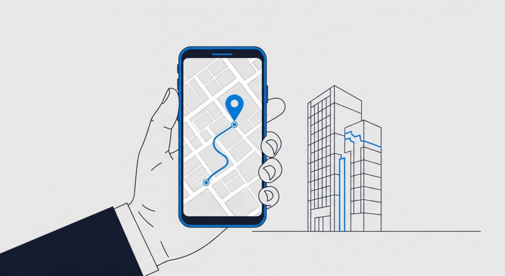 Visite autonome d'un projet immobilier neuf guidée par GPS sur smartphone.